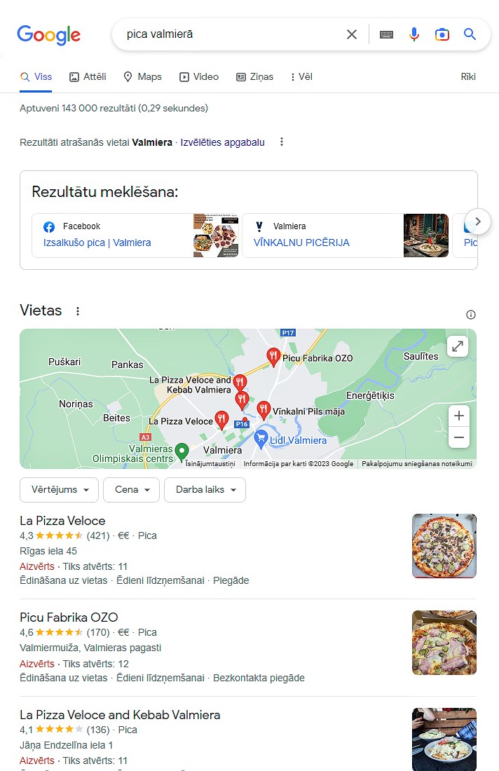 Lokālie meklēšanas rezultāti (Lokālais SEO) - pica Valmierā