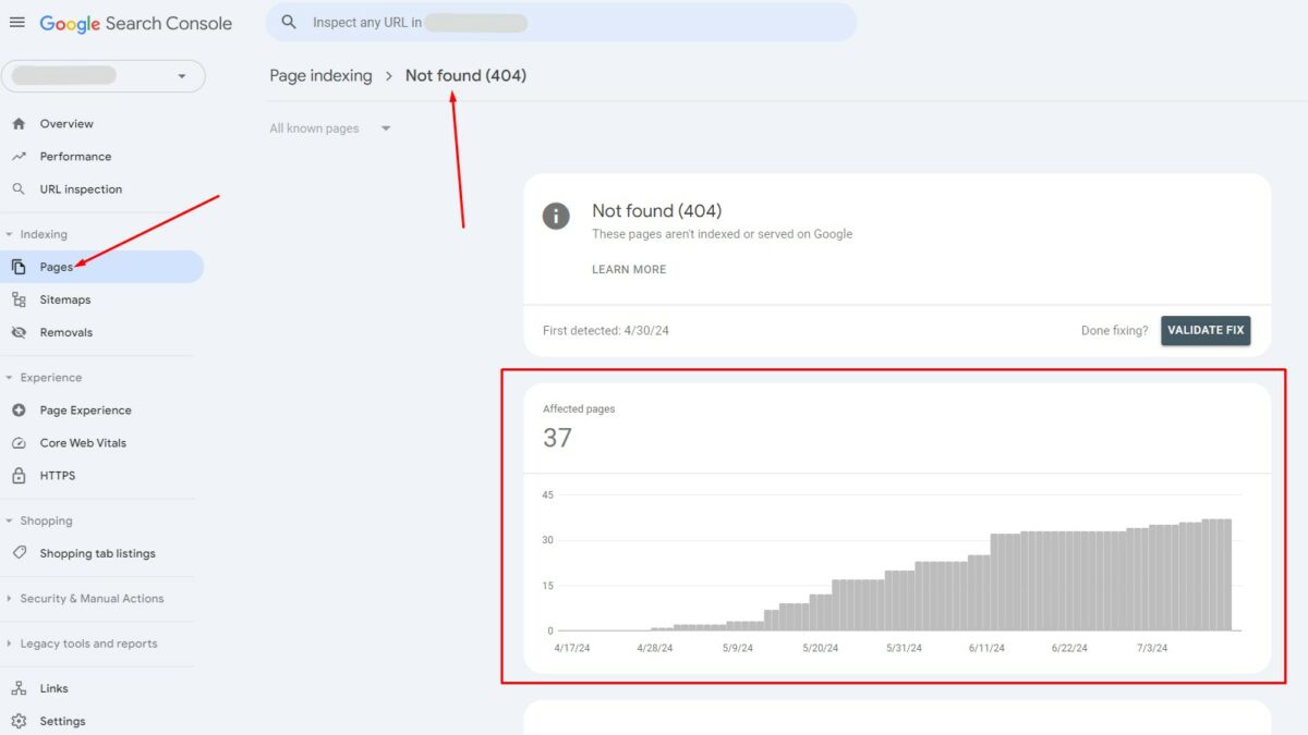 Google Search Console piemērs 404 kļūdai