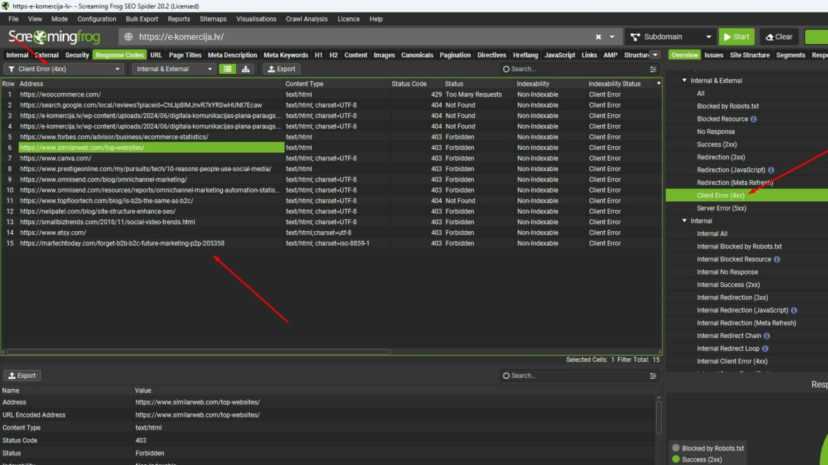 Screaming Frog rezultāti 404 kļūdai