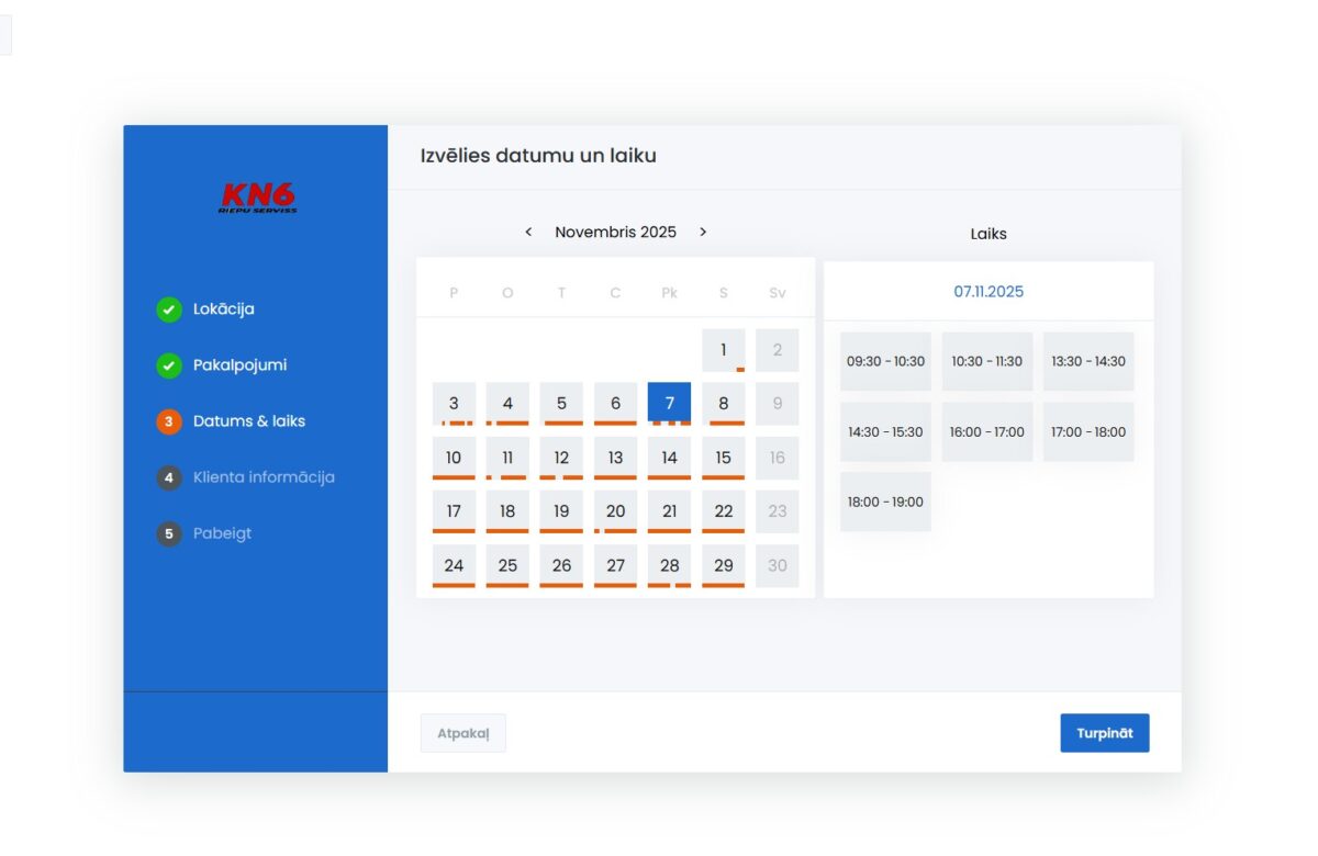 KN6 - Tiešsaistes rezervācija - Datuma un laika izvēle
