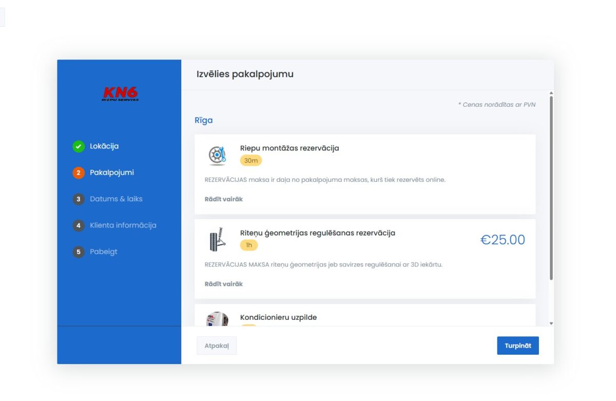 KN6 - Tiešsaistes rezervācija - Pakalpojuma izvēle