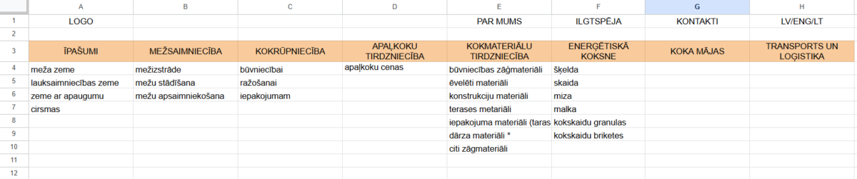 Mājaslapas struktūras piemērs Google Seheet dokumentā