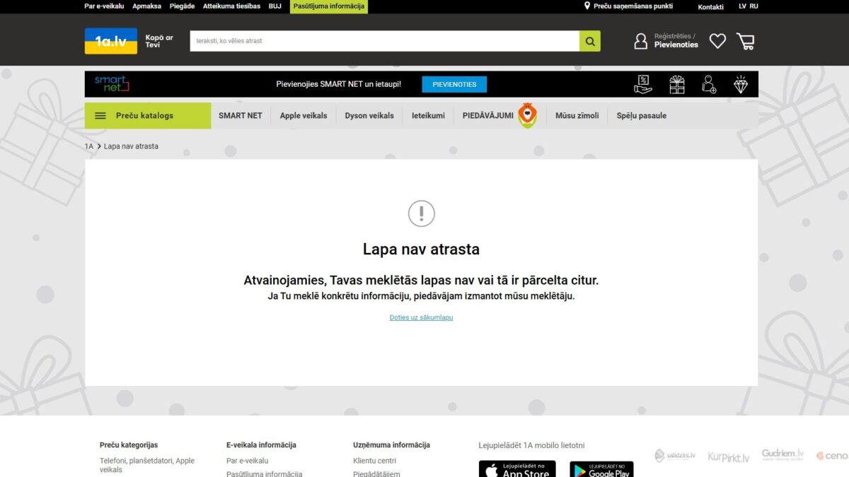 404 kļūdas lapa interneta veikalam