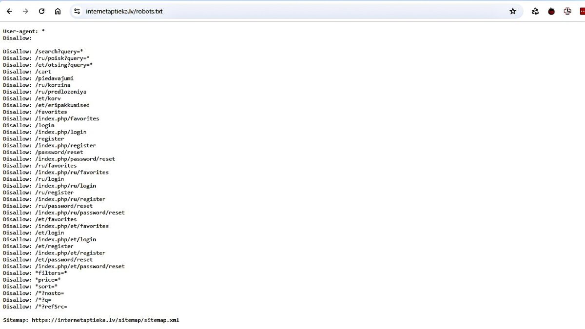 Robots.txt faila piemērs no interneta veikala