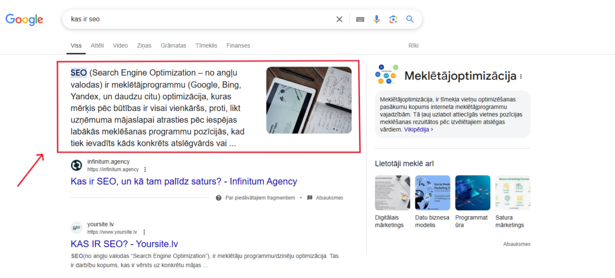 Meklēšanas rezultātu lapas featured snippet