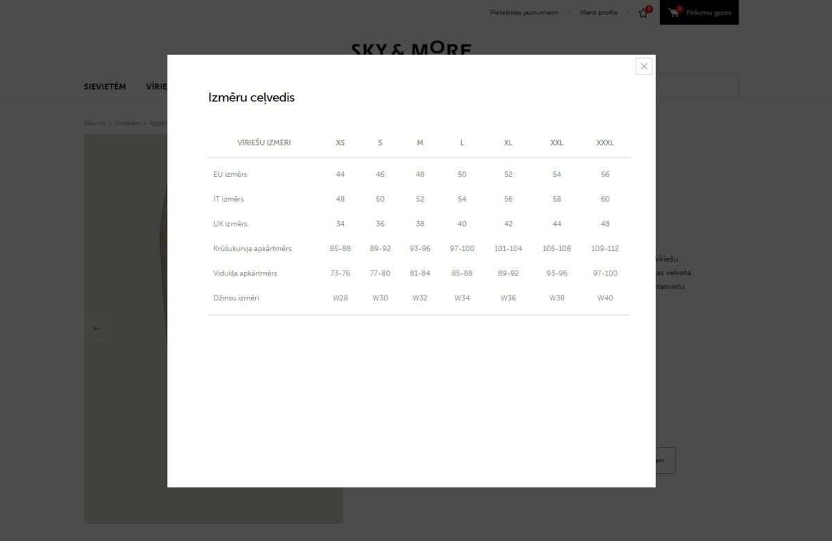 Skyandmore.lv - Produkta izmēru ceļvedis
