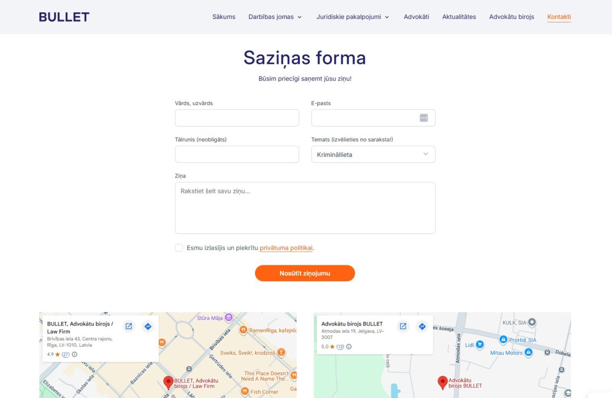 Saziņas forma - Advokātu birojs BULLET
