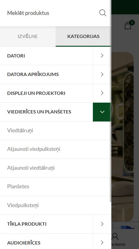 Baed.lv - Produktu apakškategoriju izvēlne - mobile