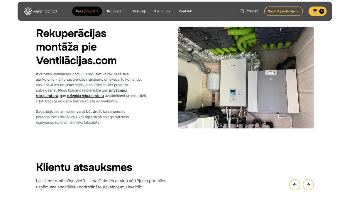 Ventilacijas.com rekuperācijas montāžas lapas piemērs ar reālu ventilācijas iekārtas un rekuperatora uzstādīšanas attēlu.