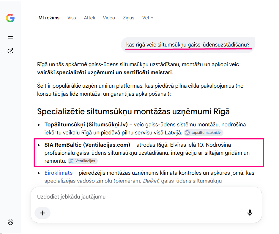 Google AI Mode atbilde uz jautājumu par gaiss-ūdens siltumsūkņu uzstādīšanu Rīgā, kur starp ieteiktajiem uzņēmumiem tiek parādīts mūsu klients Ventilacijas.com.