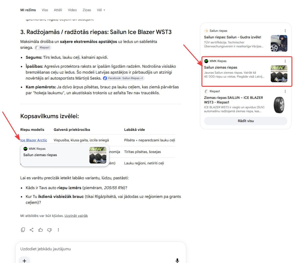 Google MI meklēšanas rezultāts vaicājumam “iesaki Sailun ziemas riepas”, kur divās pozīcijās kā avots tiek parādīts mūsu klienta MMK Riepas saturs.