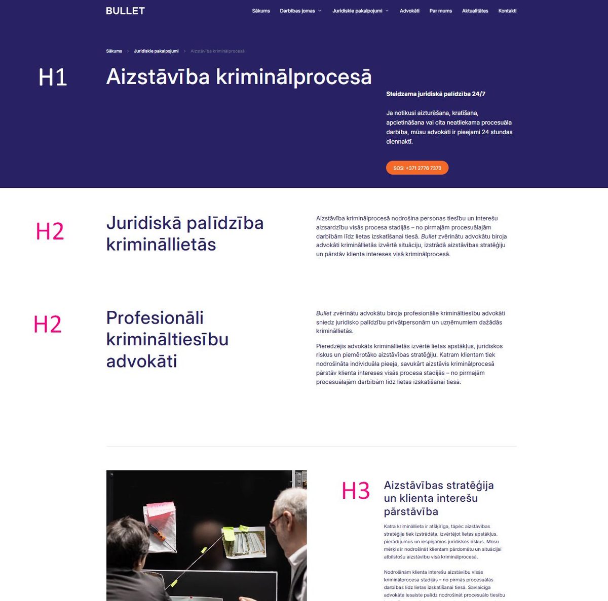 H1, H2 un H3 virsrakstu struktūras piemērs Bullet juridisko pakalpojumu lapā