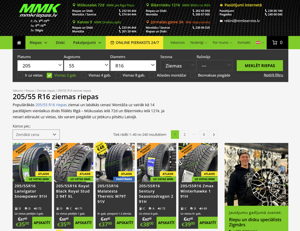 MMK Riepas interneta veikala SEO arhitektūras piemērs ar riepu filtriem pēc izmēra, sezonas un ražotāja un SEO optimizētu kategorijas lapu.