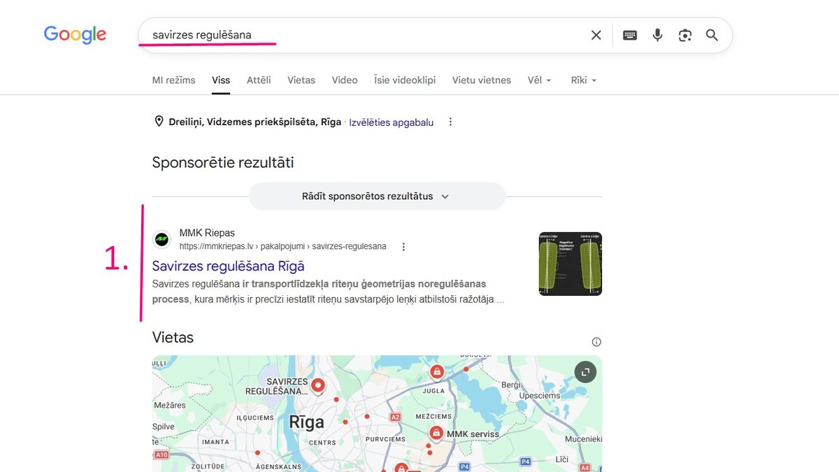 SEO optimizācijas piemērs no klienta MMK Riepas