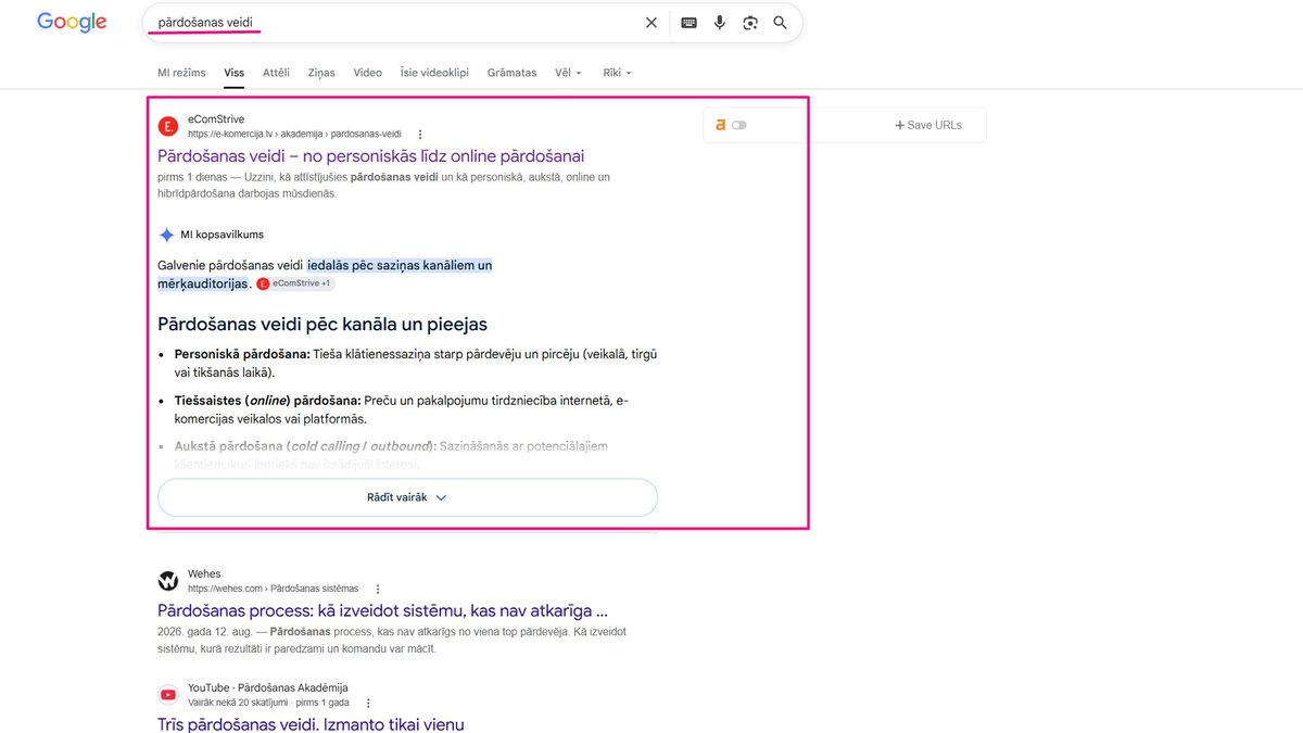 Google meklēšanas rezultāts ar MI kopsavilkumu, kur eComStrive raksts “Pārdošanas veidi” tiek izmantots kā galvenais avots un redzams pirmajā pozīcijā.