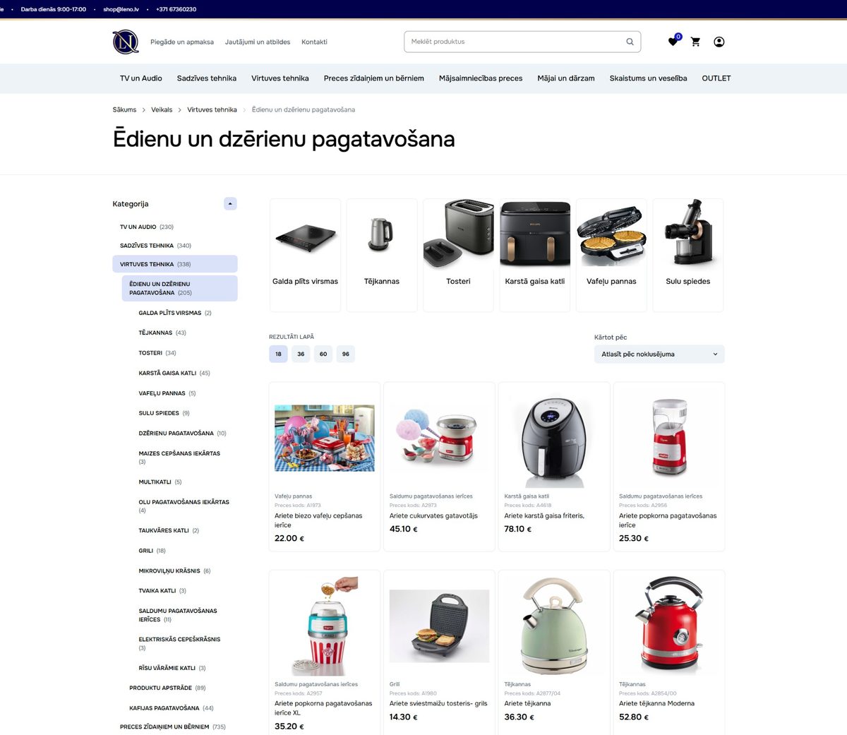 SEO optimizēta interneta veikala kategoriju lapa ar pārskatāmu produktu struktūru, apakškategorijām, filtriem un produktu sarakstu e-komercijas vietnē.