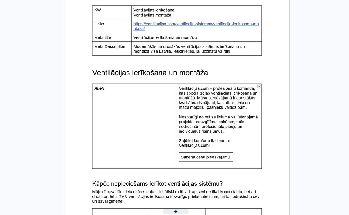 SEO optimizēta satura piemērs Ventilacijas.com ventilācijas ierīkošanas un montāžas pakalpojuma lapai